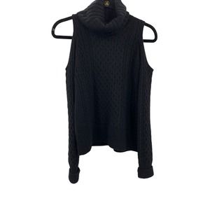 Theory Womens‎ LS Cold Shoulder Cable Knit Turtleneck Sweater Black P